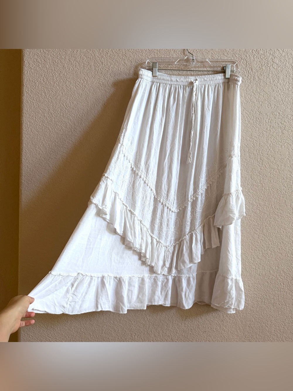 Venice Blue Vintage Maxi Skirt Elastic Waist White Embroidered Boho Gypsy Angel
